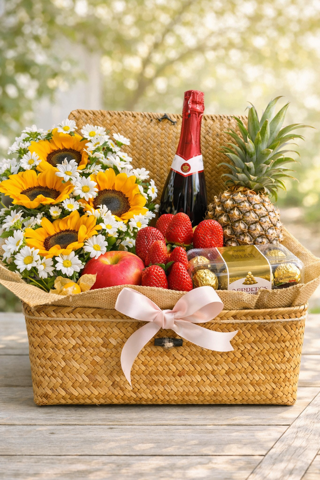 Beautiful fruit basket with fresh flowers