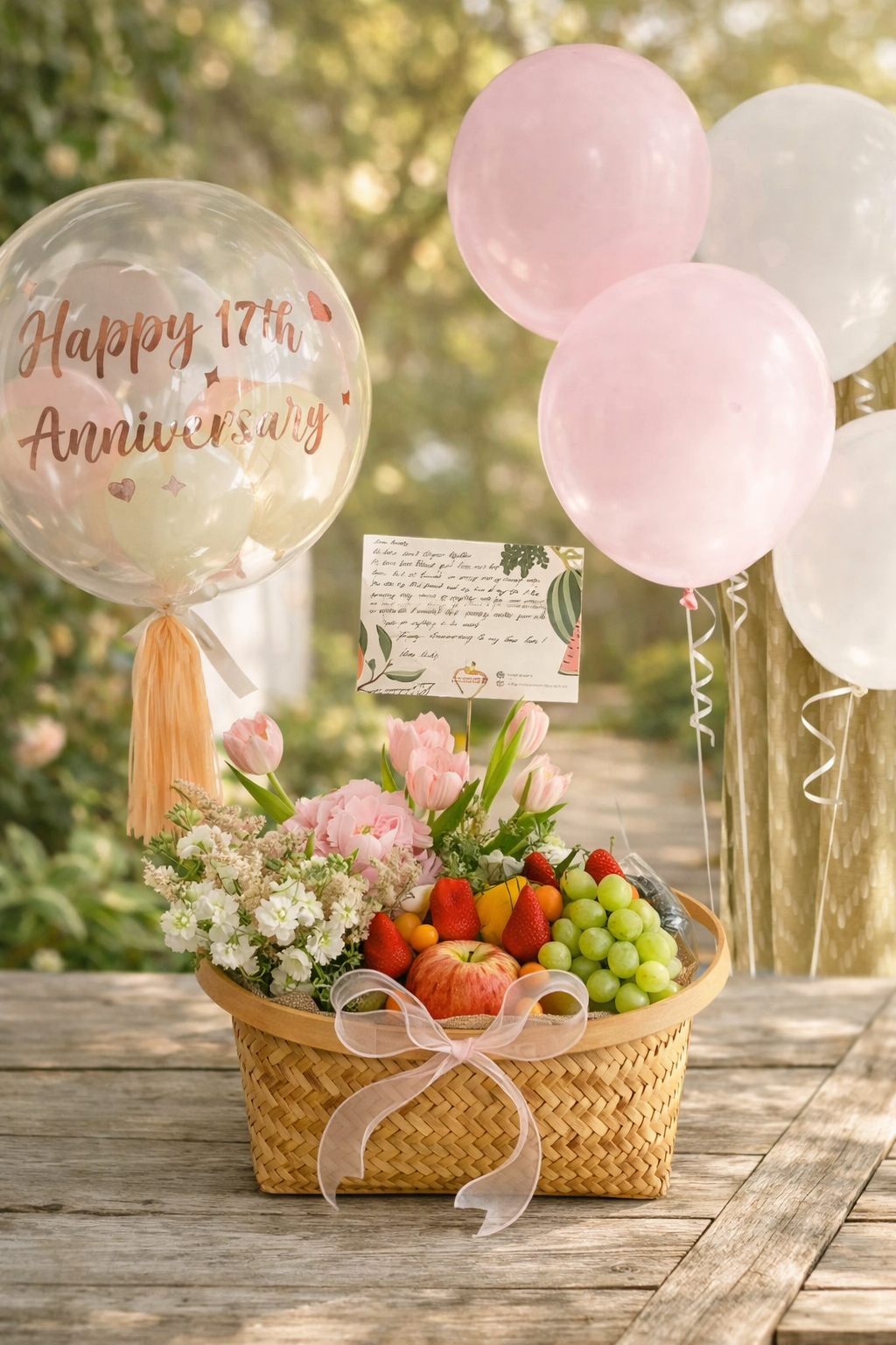 Beautiful fruit basket with fresh flowers