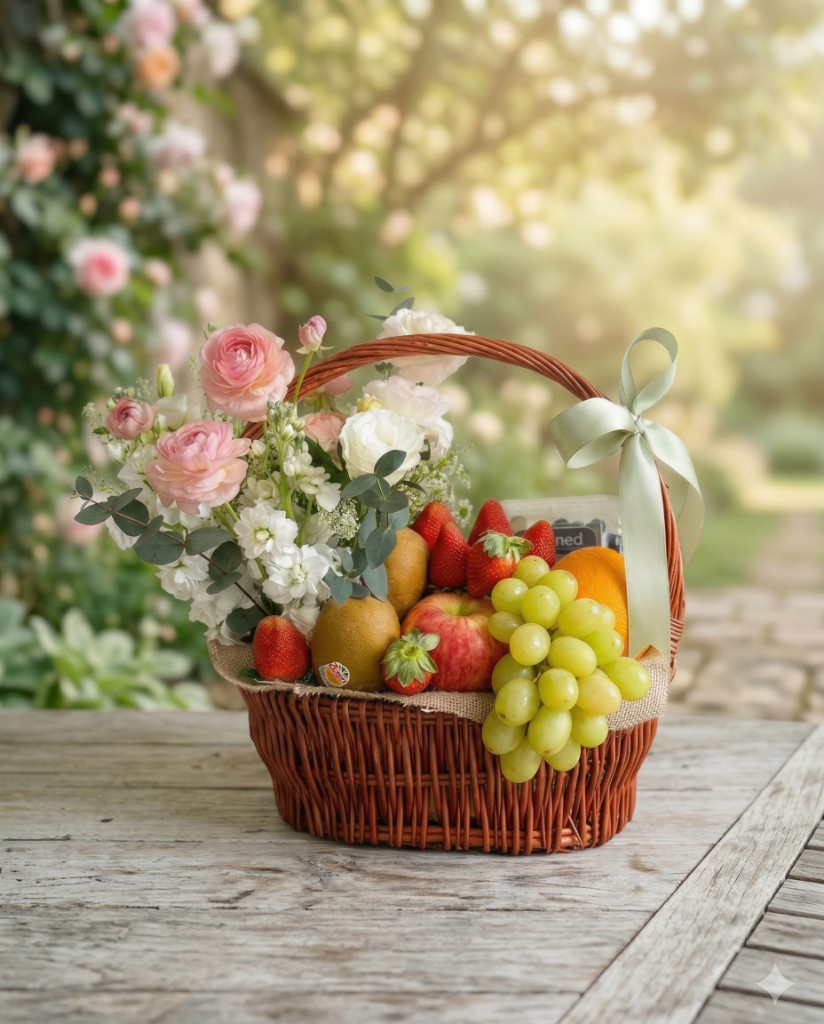 Beautiful fruit basket with fresh flowers